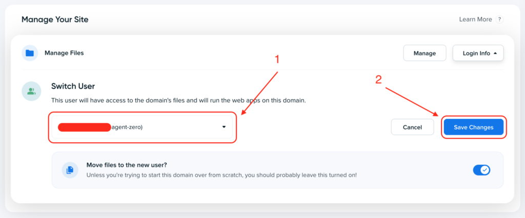 Select the user you want to control this domain from the dropdown.