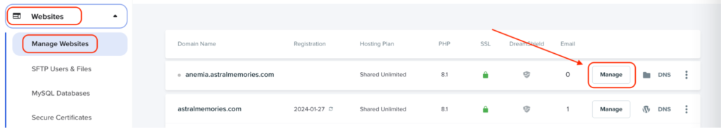 Click on the Manage button located next to your new website domain.
