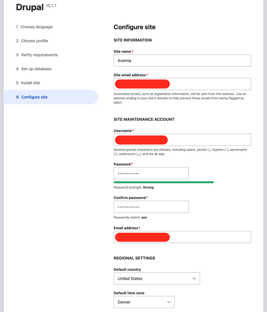 Enter the site information and define the site maintenance account.